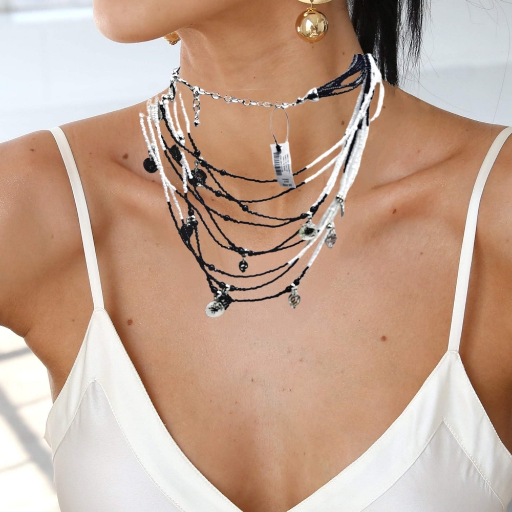 Chico’s Black & White Multi-Strand Beaded Necklace w/ Silver Charms 9-Layer NWT